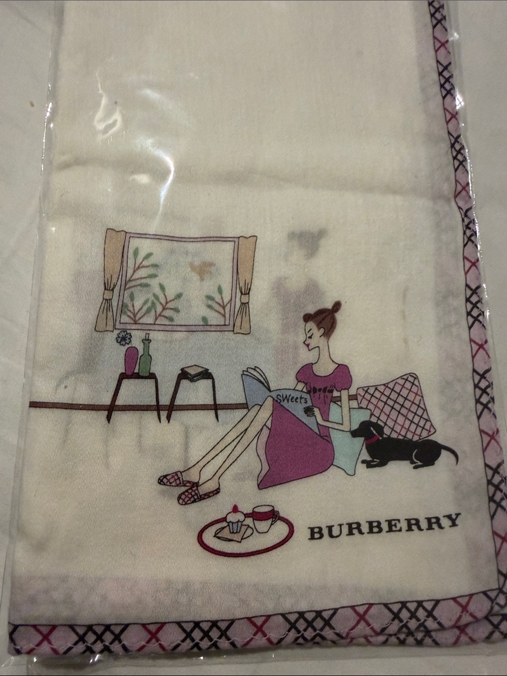 Burberry Cream Silk Scarf with Pink & Black Print - Picture 3 of 6